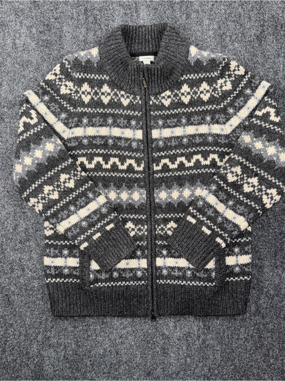 LL Bean Sweater Mens Large Gray Wool Fair Isle Full Zip Mock Neck Pockets
